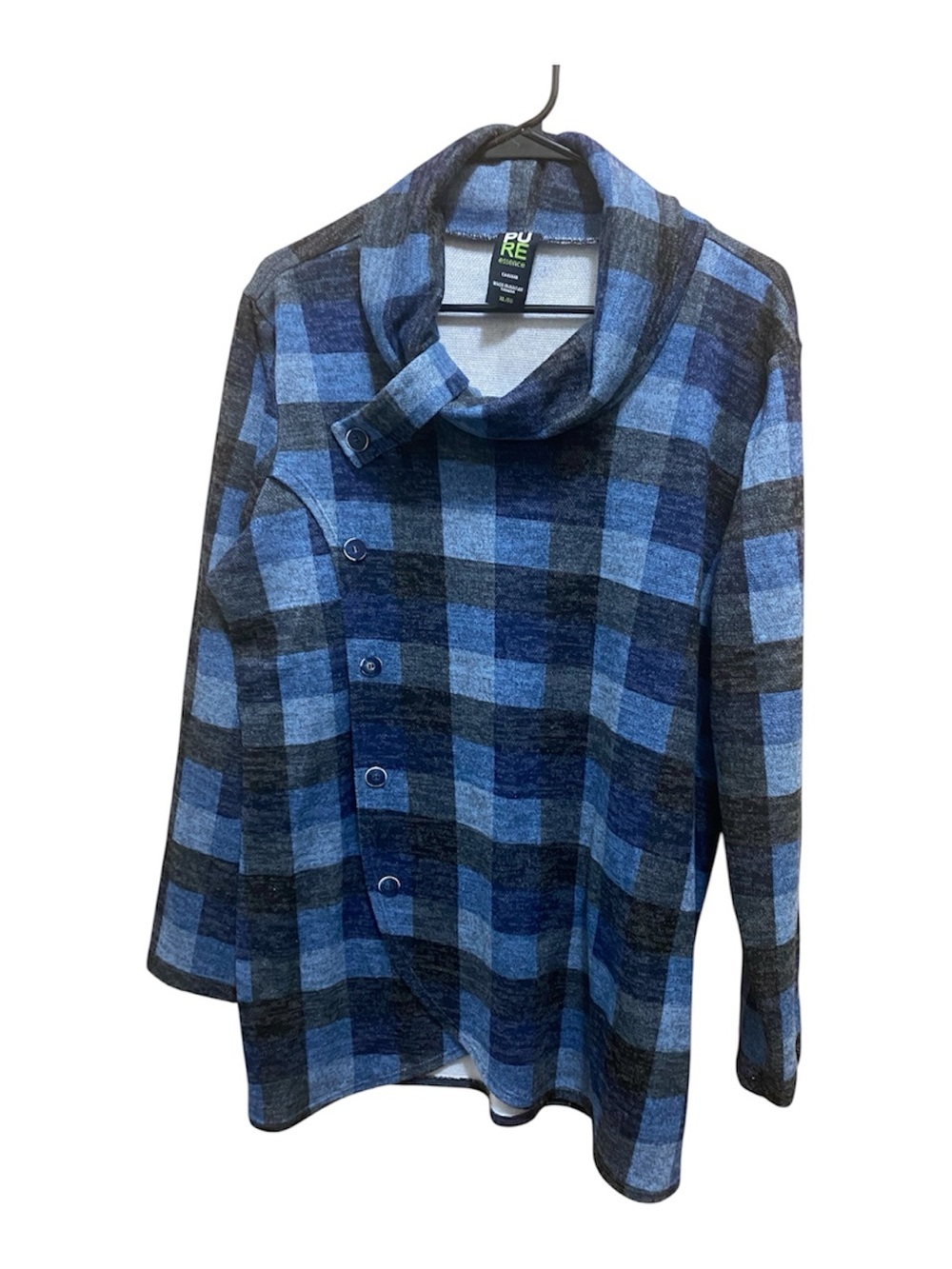 Pure essence Blue and Black Plaid Asymmetric Button front top size XL